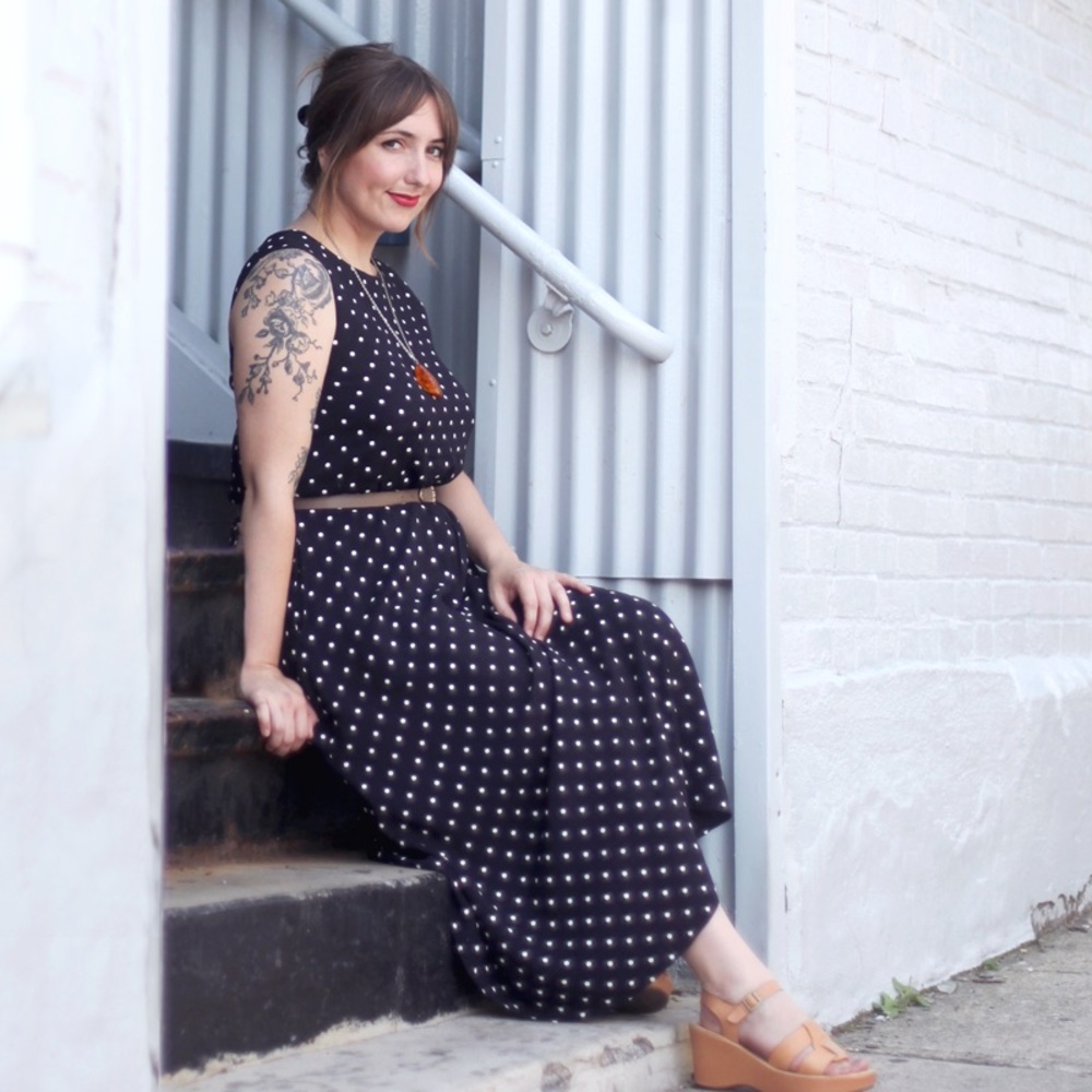Vintage 1980s Black Polka Dot Midi Dress Sleeveless 80s 10 Medium/Large